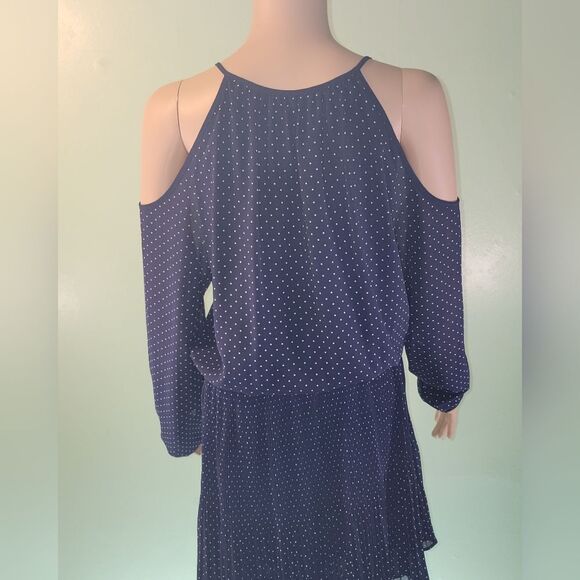 Michael Michael Kors Womens Dark Blue Spotted Pleated Midi Cold Shoulder Dress M - Picture 2 of 6